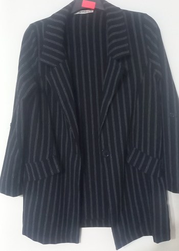 Siyah Çizgili Uzun Kadın Blazer Ceket - Görsel 4