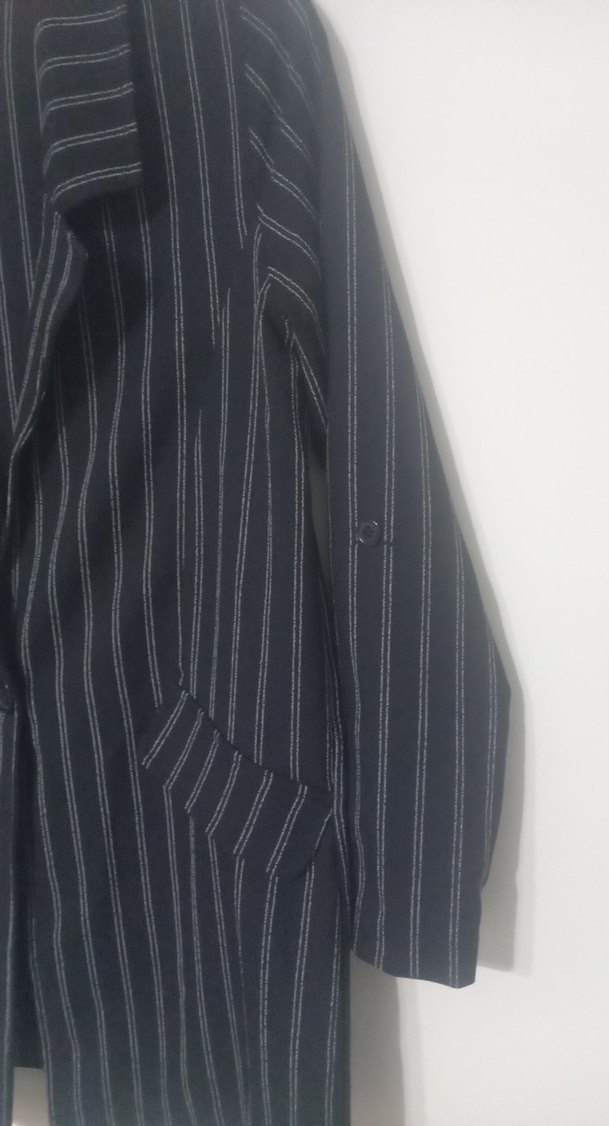 Siyah Çizgili Uzun Kadın Blazer Ceket - Görsel 2