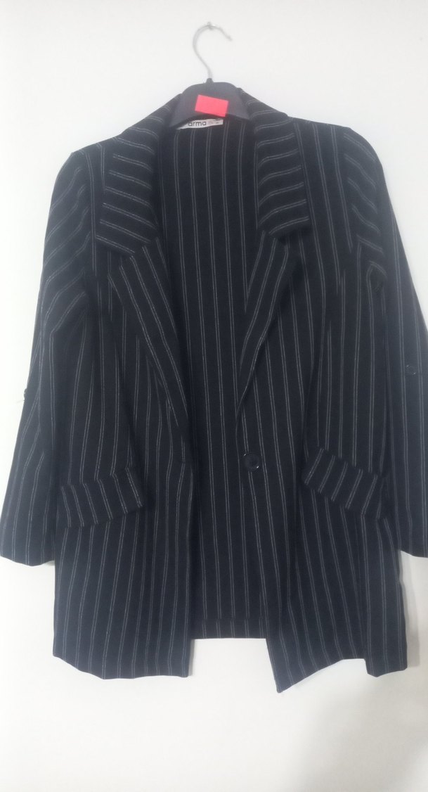 Siyah Çizgili Uzun Kadın Blazer Ceket - Görsel 4