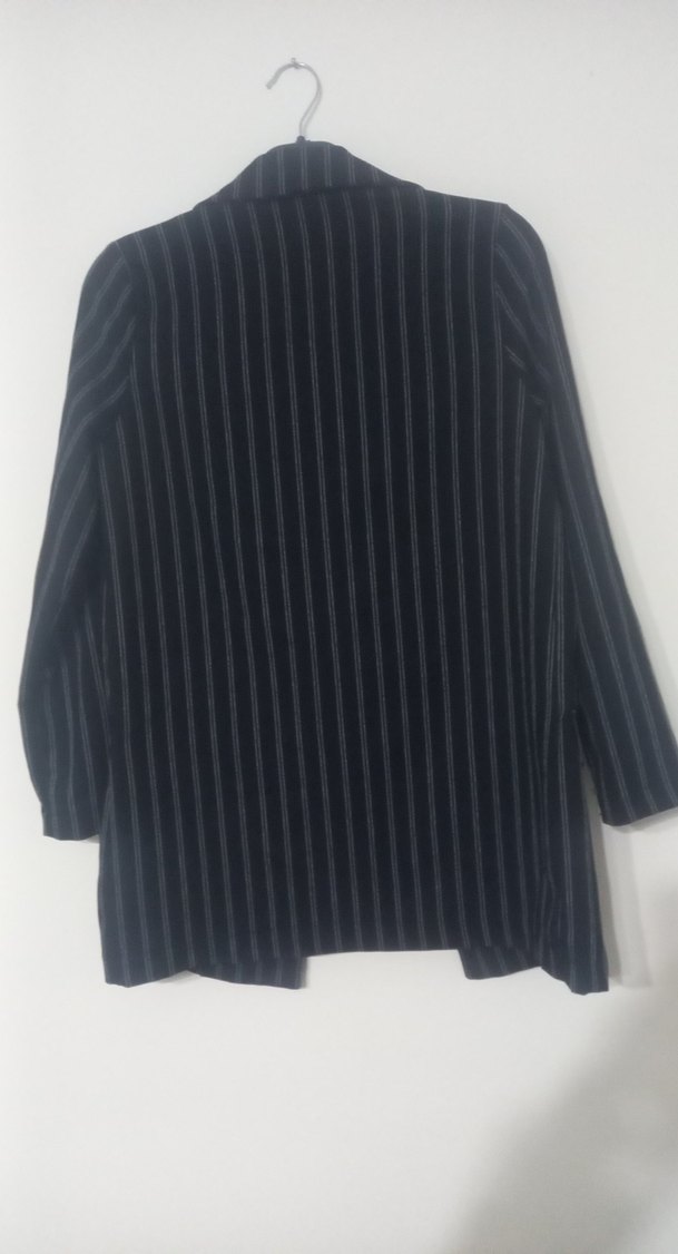 Siyah Çizgili Uzun Kadın Blazer Ceket - Görsel 5