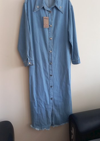 Mavi Düğmeli Uzun Denim Elbise
