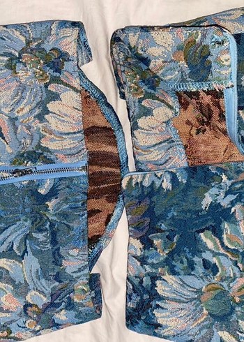 Tasarımcı Mavi Çiçek Desenli Jakar Ikili Takim
