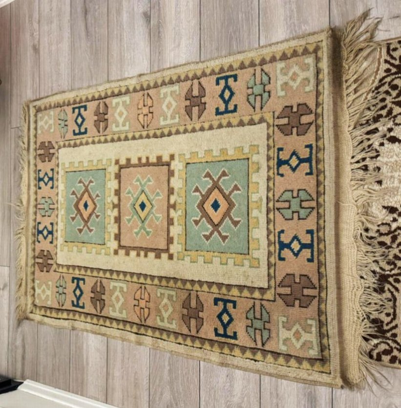 Eski yaşlı el dokuma Milas yün halı - Görsel 3