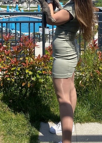 Haki Yüksek Yakalı Strappy Midi Elbise - Görsel 3