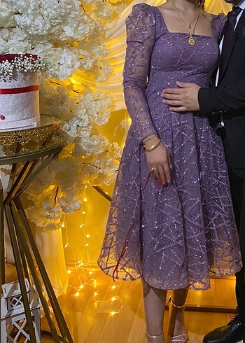 Mor Dantelli V Yaka Uzun Elbise - Görsel 5