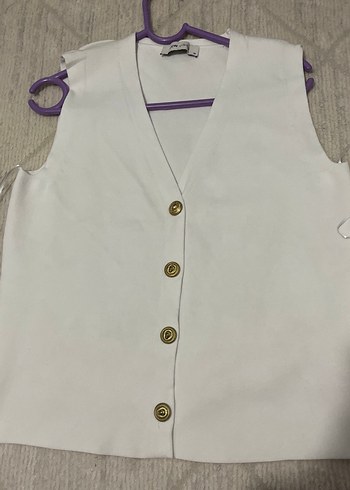 Düğmeli Beyaz Pamuklu V Yaka Yelek - Görsel 4