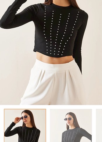 XHAN Siyah Taşlı Crop Bluz - Görsel 2