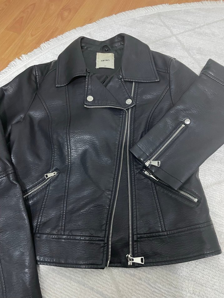 Siyah Deri Biker Ceket Kadın - Görsel 5