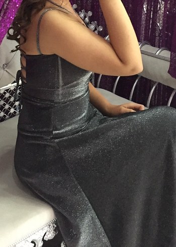 Siyah Gri V Yaka Drapeli Uzun Abiye - Görsel 5