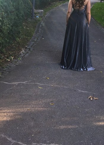 Siyah Gri V Yaka Drapeli Uzun Abiye - Görsel 4