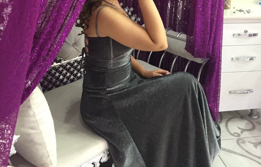 Siyah Gri V Yaka Drapeli Uzun Abiye - Görsel 5