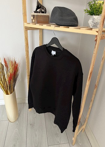 s Beden Siyah Yarım Oversize Sweatshirt, Bisiklet Yaka, Uzun Kollu