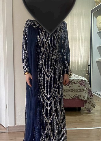 Lacivert Drapeli Uzun Abiye Elbise (Şal dahil) - Görsel 2