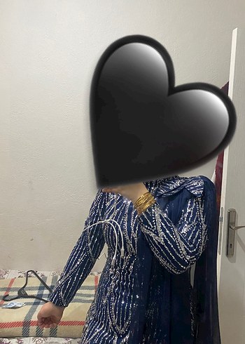 Lacivert Drapeli Uzun Abiye Elbise (Şal dahil) - Görsel 3