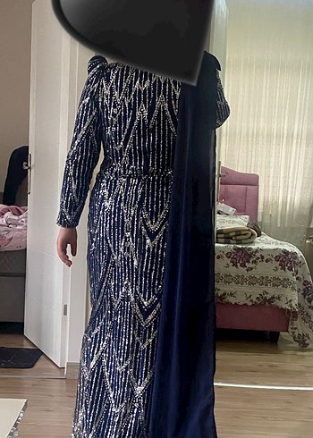 Lacivert Drapeli Uzun Abiye Elbise (Şal dahil) - Görsel 4