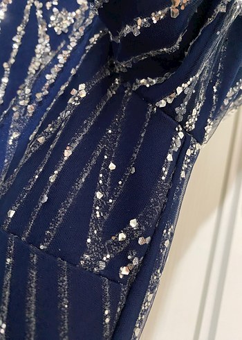 Lacivert Drapeli Uzun Abiye Elbise (Şal dahil) - Görsel 7