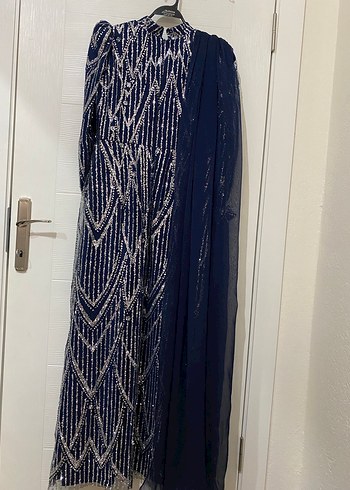 Lacivert Drapeli Uzun Abiye Elbise (Şal dahil) - Görsel 5
