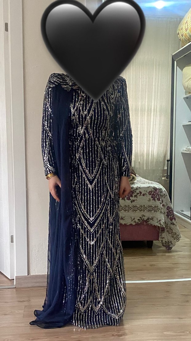 Lacivert Drapeli Uzun Abiye Elbise (Şal dahil) - Görsel 2