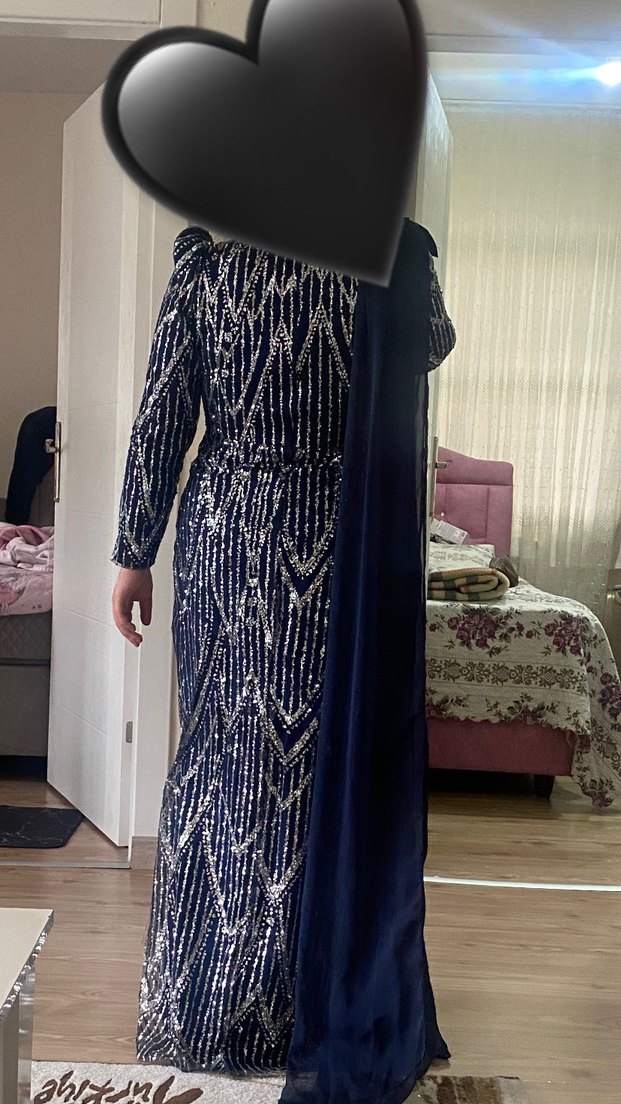Lacivert Drapeli Uzun Abiye Elbise (Şal dahil) - Görsel 4