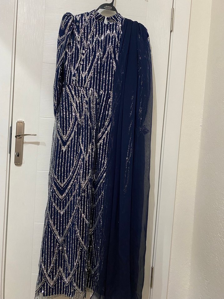 Lacivert Drapeli Uzun Abiye Elbise (Şal dahil) - Görsel 5