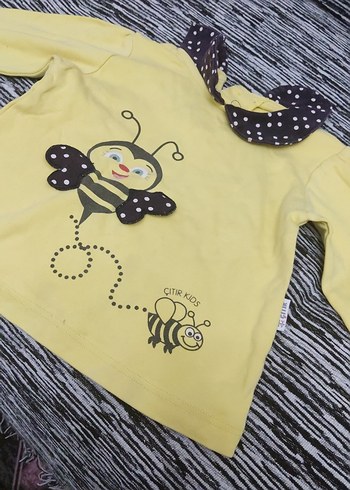 Sarı Uzun Kollu Kız Tişörtü, Baskılı ve Yaka Detaylı - Görsel 2