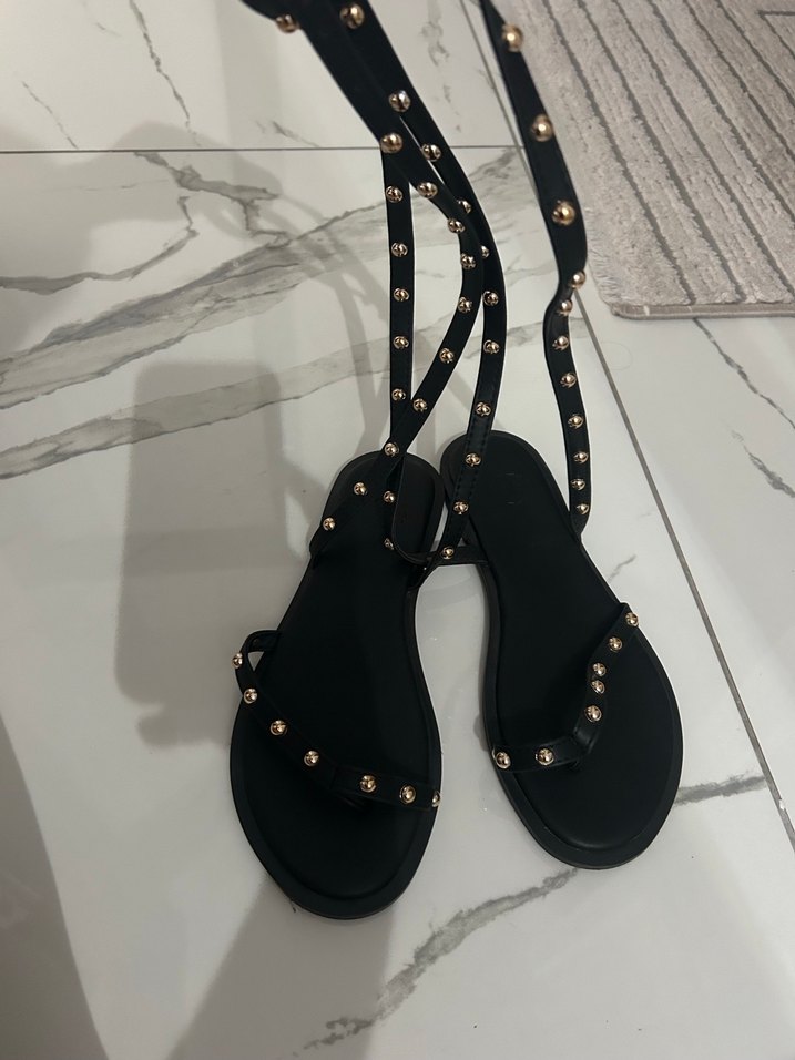 Siyah Yılan Desenli Tokalı Kadın Sandalet - Görsel 3