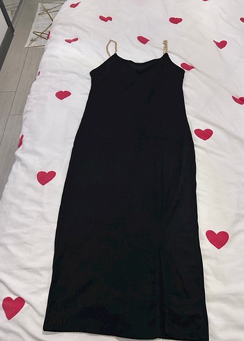 Zincir Detaylı Siyah İnce Askılı Midi elbise - Görsel 2