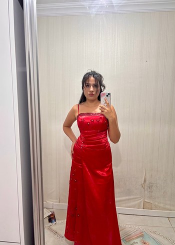 Parıltılı Kırmızı Straplez Midi Elbise - Görsel 7