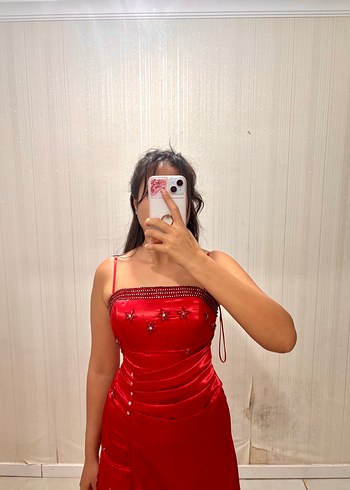 Parıltılı Kırmızı Straplez Midi Elbise - Görsel 2