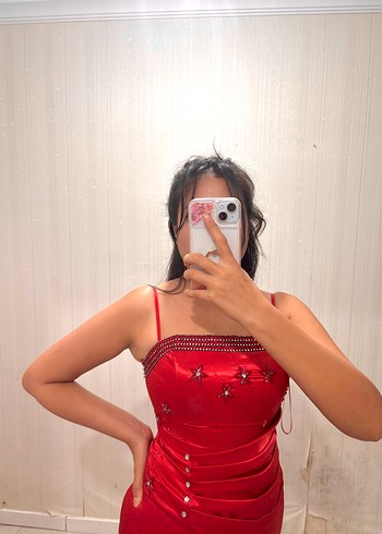 Parıltılı Kırmızı Straplez Midi Elbise - Görsel 9