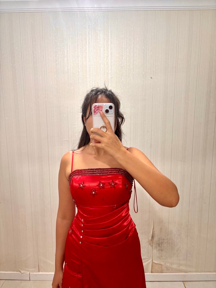 Parıltılı Kırmızı Straplez Midi Elbise - Görsel 2