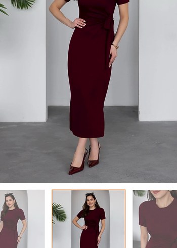 Bordo Uzun Kol Askılı Kemerli Elbise - Görsel 2