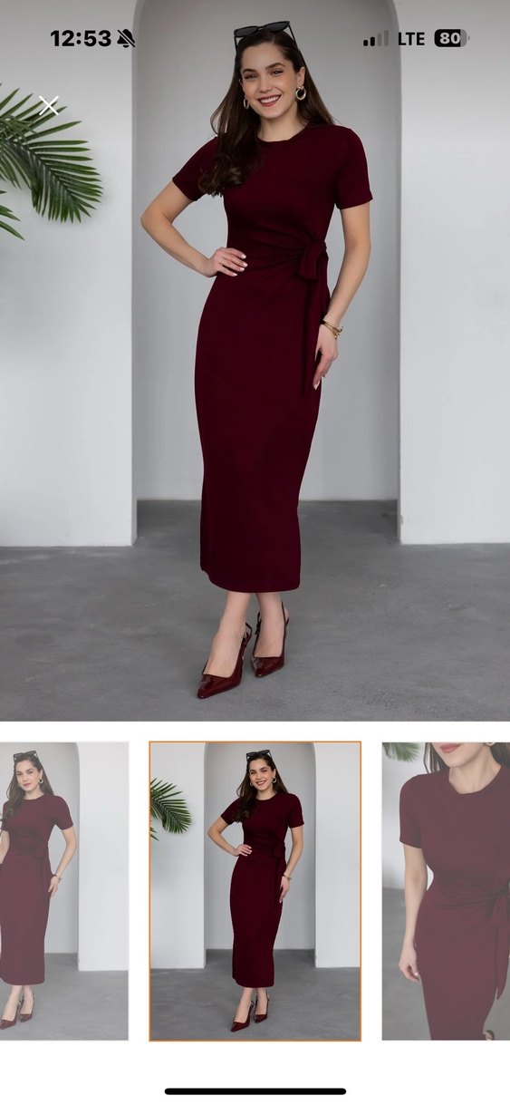 Bordo Uzun Kol Askılı Kemerli Elbise - Görsel 2