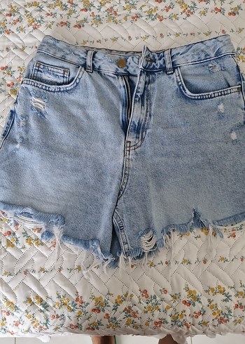 Düğmeli Bohem Mavi Mini Denim Şort