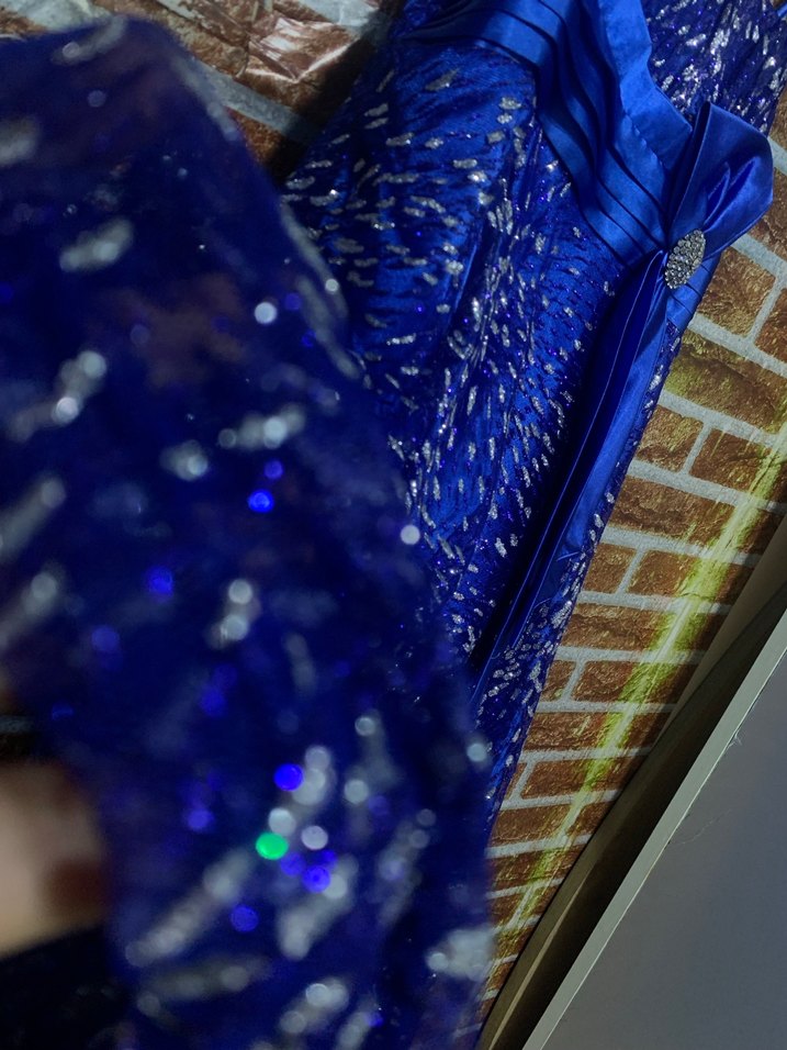 Mavi İşlemeli Uzun Drapeli Abiye Elbise - Görsel 2