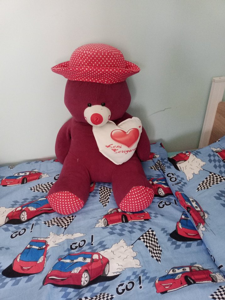 Bordo Renkli Şapkalı Peluş Ayıcık - Görsel 3