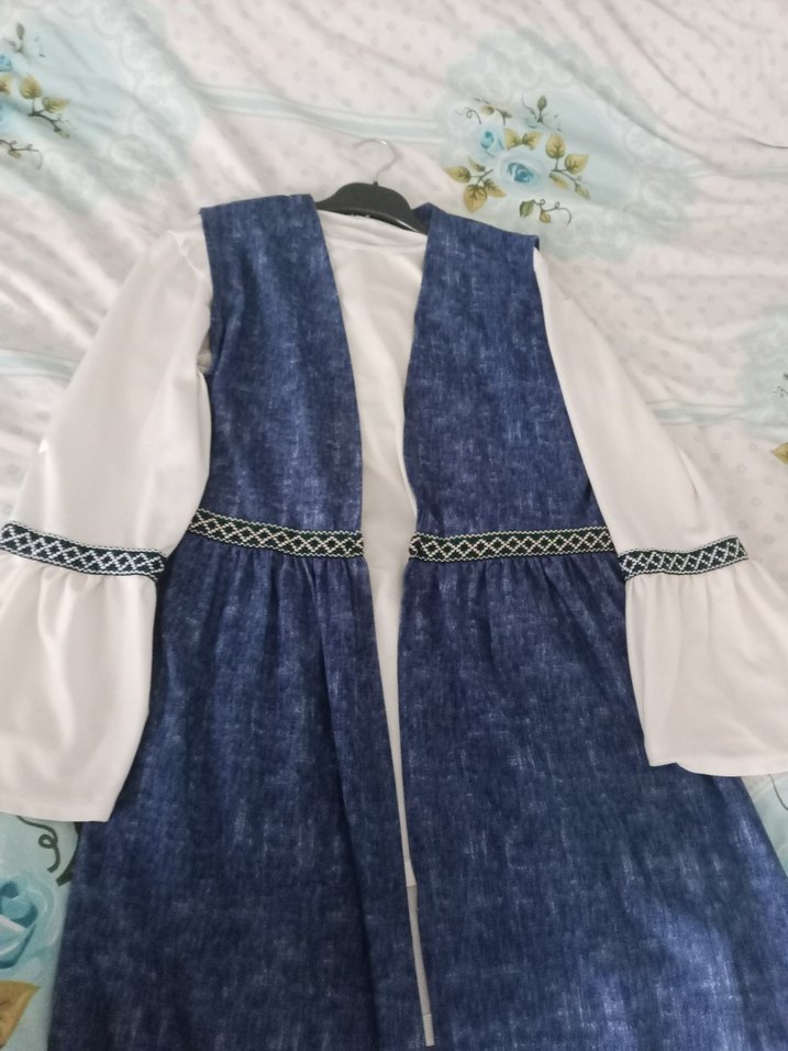 Uzun Mavi Batik Desenli Bohem Kadın tunik ve yeleği takim - Görsel 3