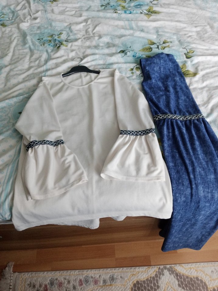 Uzun Mavi Batik Desenli Bohem Kadın tunik ve yeleği takim - Görsel 4