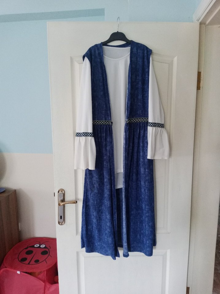 Uzun Mavi Batik Desenli Bohem Kadın tunik ve yeleği takim - Görsel 2