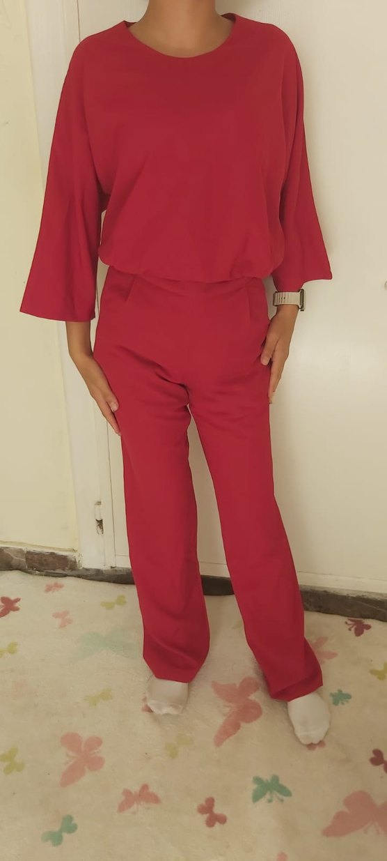 Parlak Kırmızı Hamile Tulum, Uzun Kollu, Midi Boy - Görsel 3