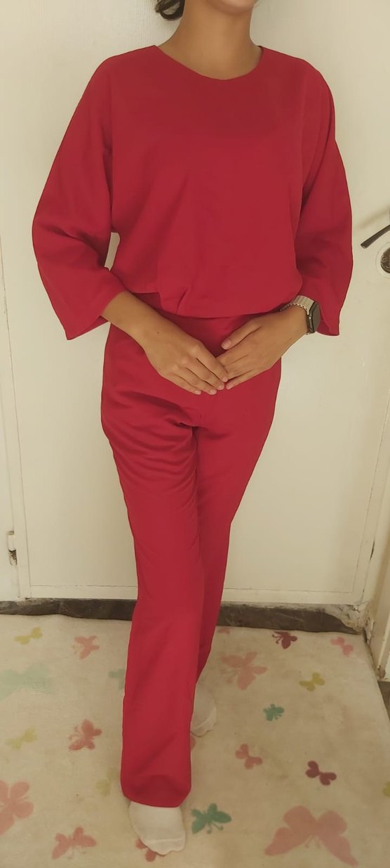 Parlak Kırmızı Hamile Tulum, Uzun Kollu, Midi Boy - Görsel 4