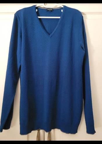 Erkek Mavi V Yakalı Örgü Yün Kazak - Görsel 4