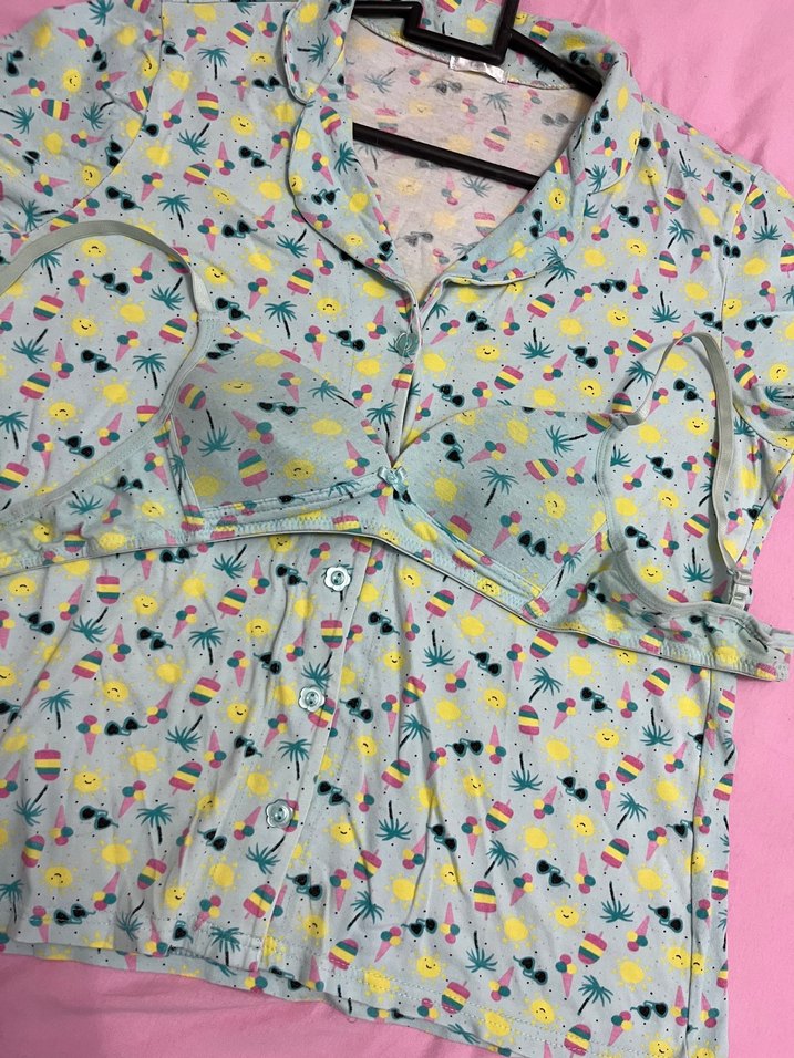 Renkli Baskılı Kısa Kollu Pamuk Gömlek ve iç giyim pijaöa - Görsel 5