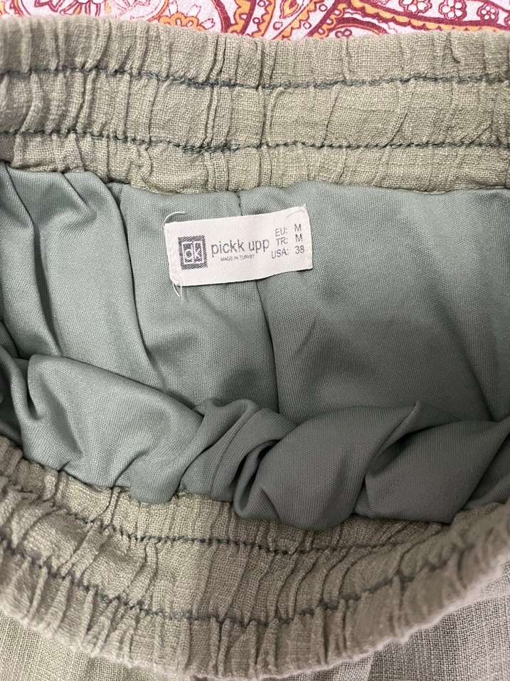 Su yeşili ipli Bol Kesim Keten Pantolon - Görsel 3