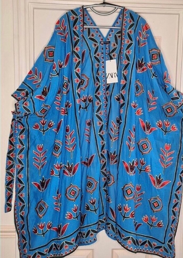 Uzun Mavi Nakışlı Bohem Kadın Sabahlık - Görsel 5