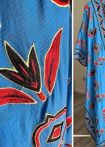 Nakışlı Uzun Mavi Bohem Kadın Kimono - Görsel 4