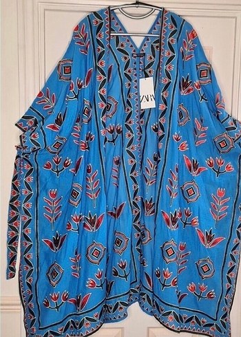 Nakışlı Uzun Mavi Bohem Kadın Kimono - Görsel 5