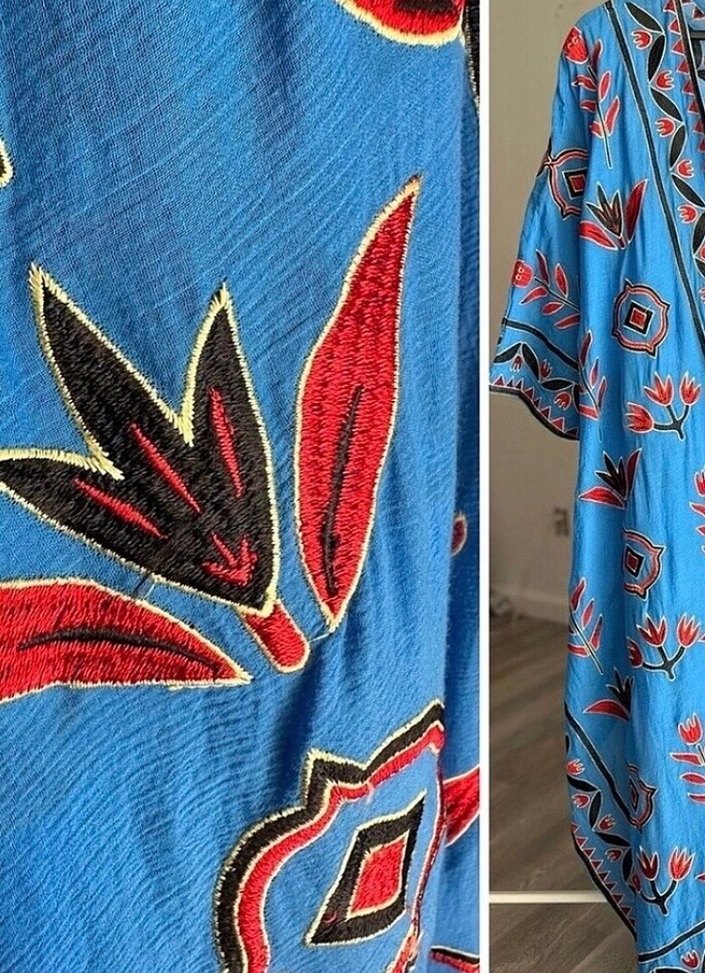 Nakışlı Uzun Mavi Bohem Kadın Kimono - Görsel 4