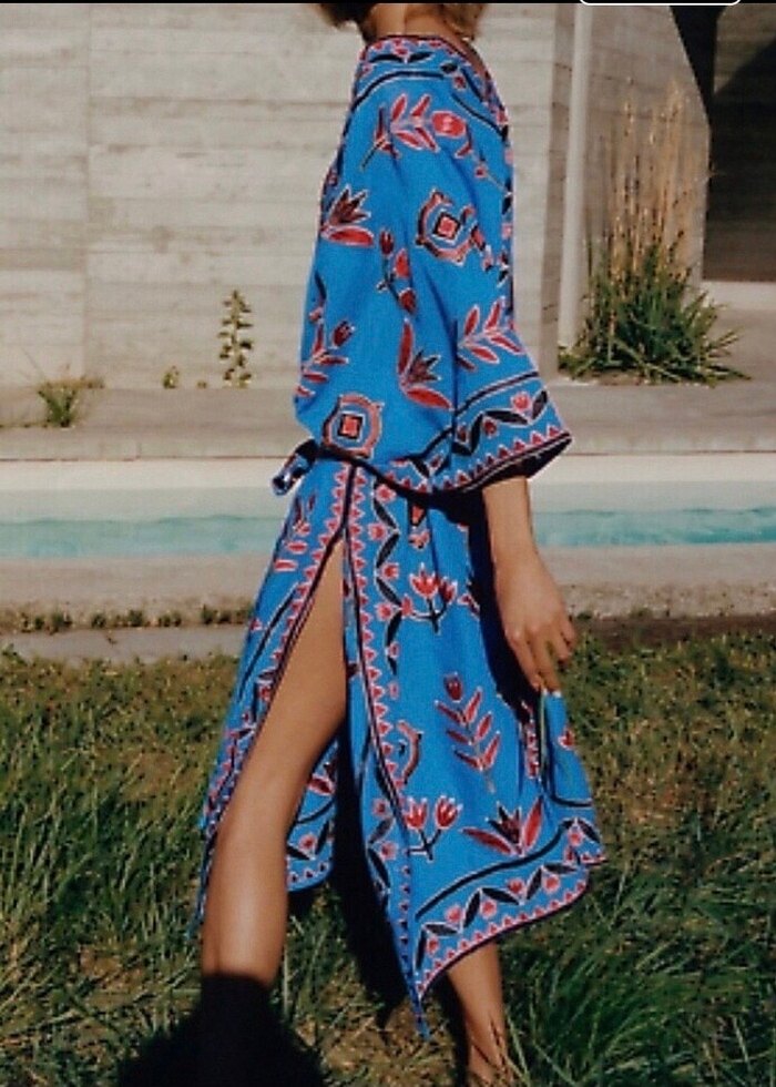 Nakışlı Uzun Mavi Bohem Kadın Kimono - Görsel 2