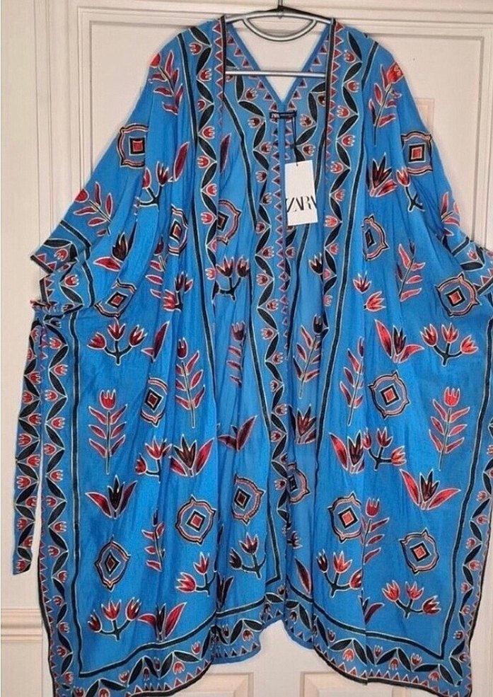 Nakışlı Uzun Mavi Bohem Kadın Kimono - Görsel 5